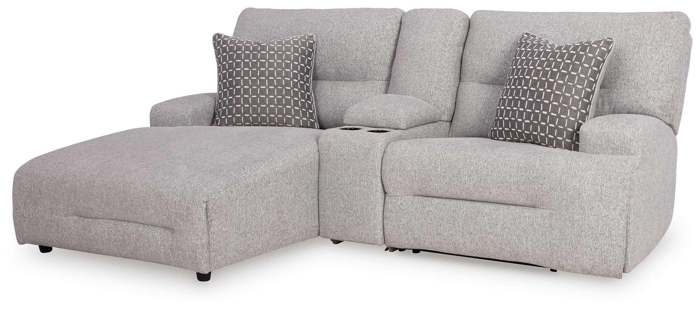 Pewter power reclining sectional sofa with two seat recliner sections and back pillows