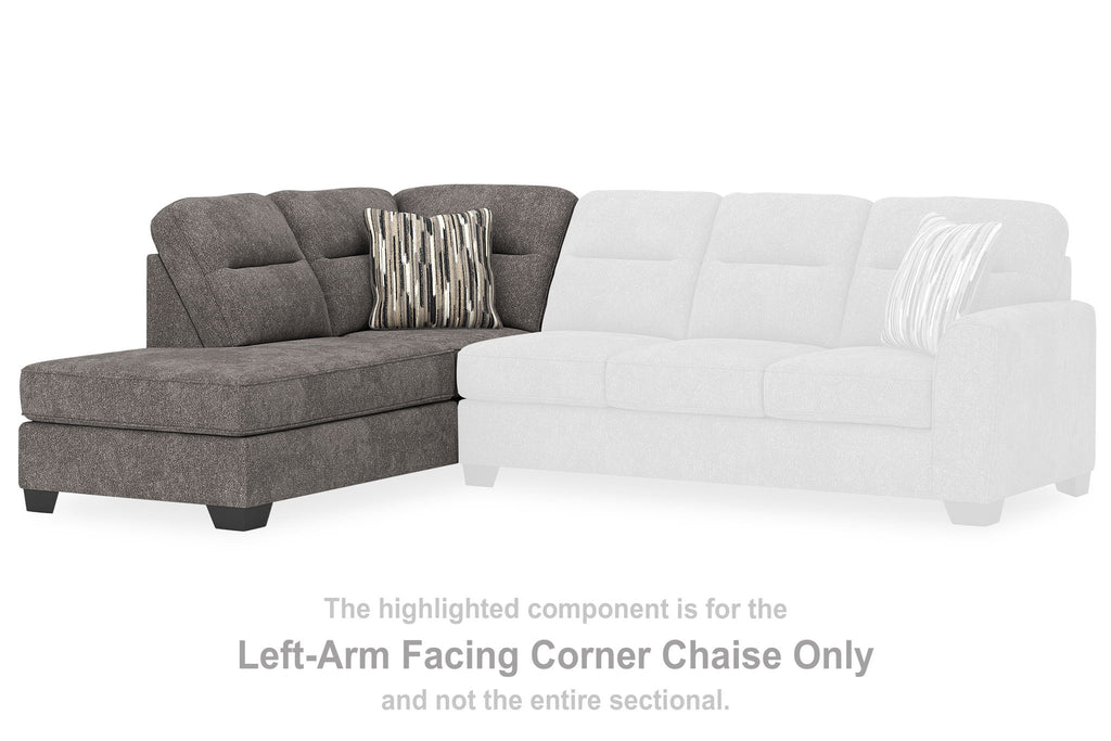 Left-arm facing corner chaise in dark graphite fabric, with back cushions and legs