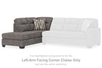 Left-arm facing corner chaise in dark graphite fabric, with back cushions and legs