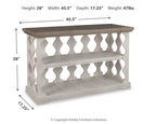 Gray top console sofa table with white carved sides and middle open shelf