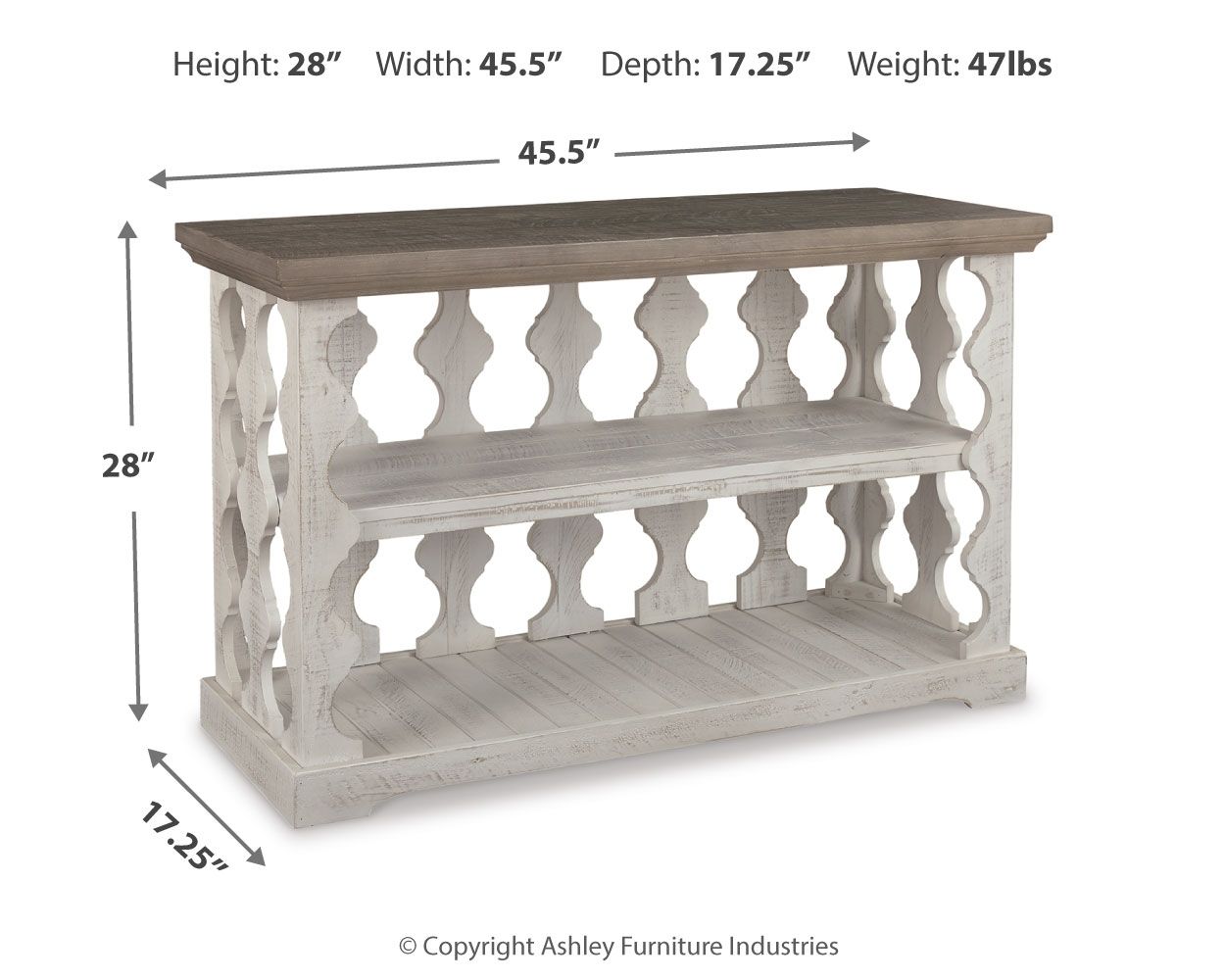 Gray top console sofa table with white carved sides and middle open shelf