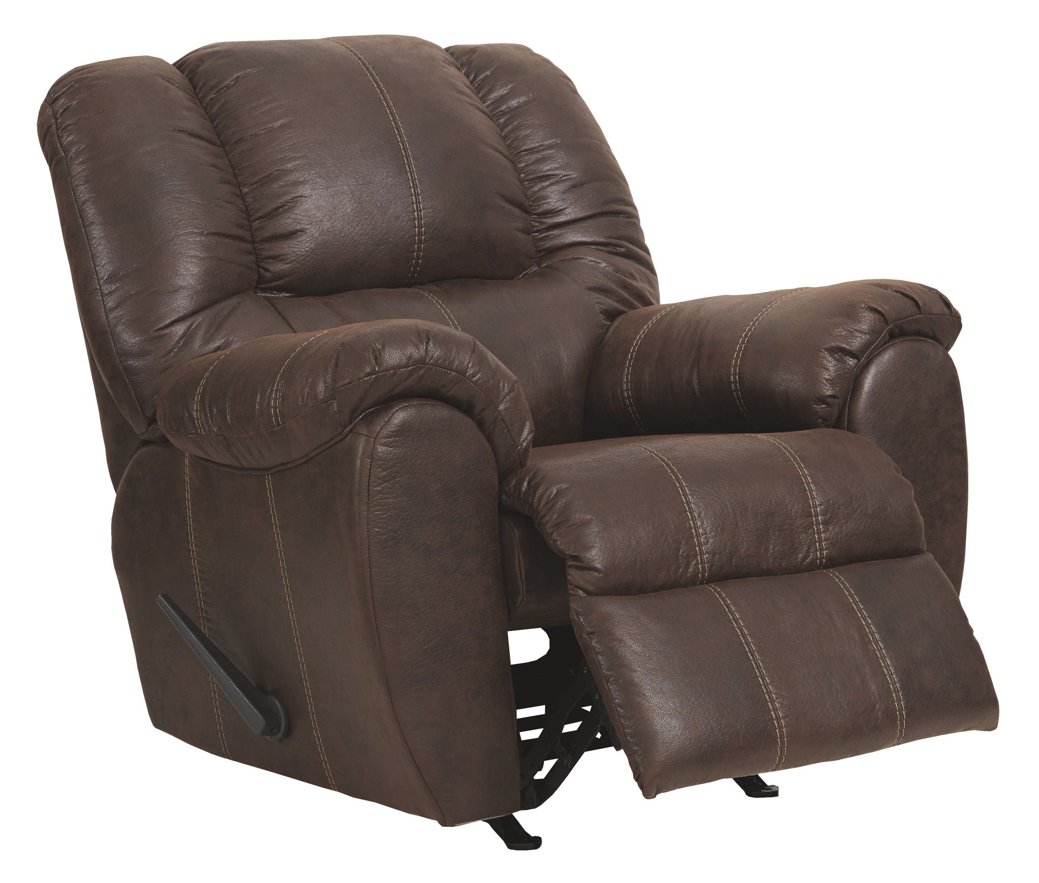 Walnut brown leather rocker recliner with padded headrest and pull-out footrest