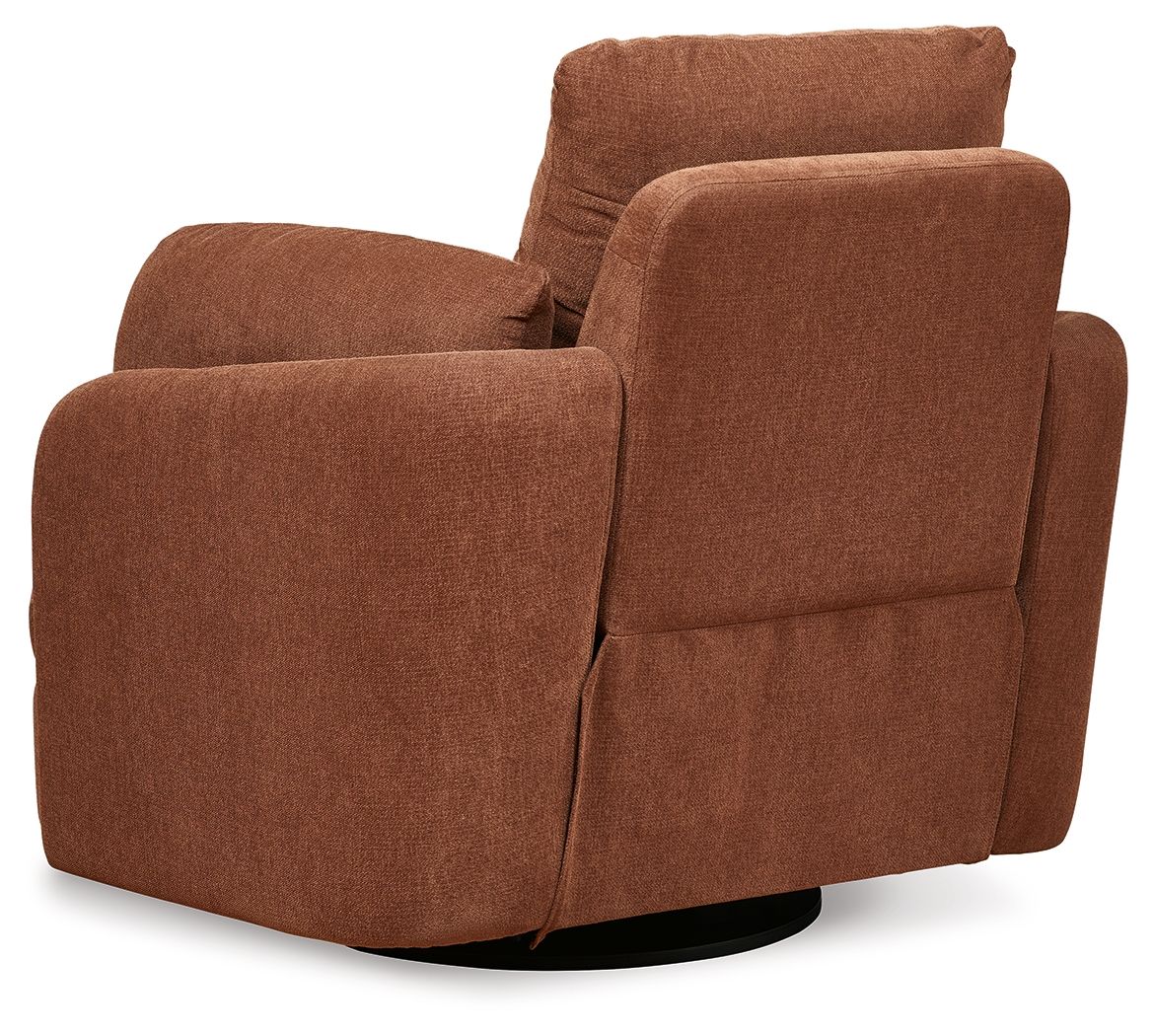 Brown swivel glider recliner with padded back cushions and wide, rounded armrests