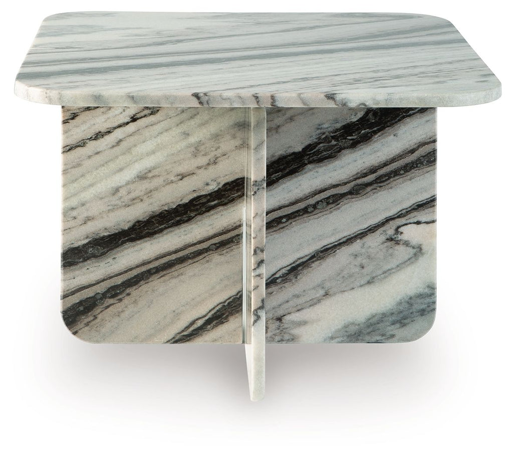 Accent cocktail table with white marble-look top and central pedestal support