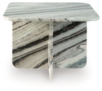 Accent cocktail table with white marble-look top and central pedestal support