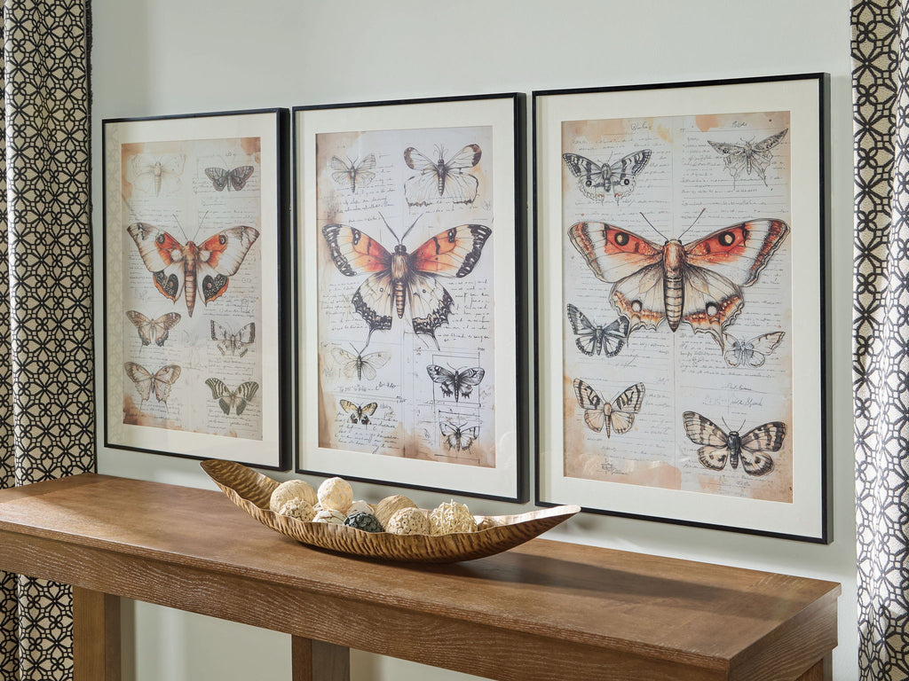 Three framed butterfly wall art prints on a console table display