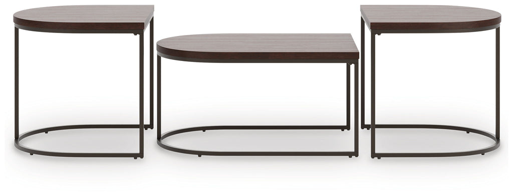 Dark brown set of 3 occasional tables with square tops and curved wire bases
