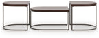 Dark brown set of 3 occasional tables with square tops and curved wire bases
