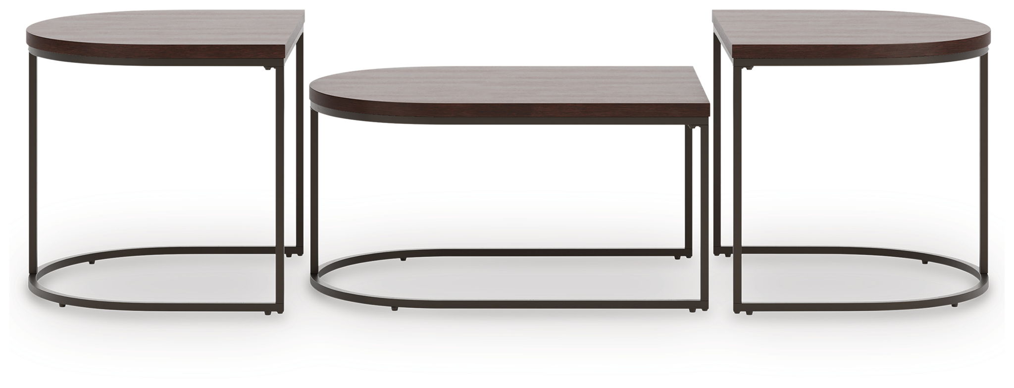 Dark brown set of 3 occasional tables with square tops and curved wire bases
