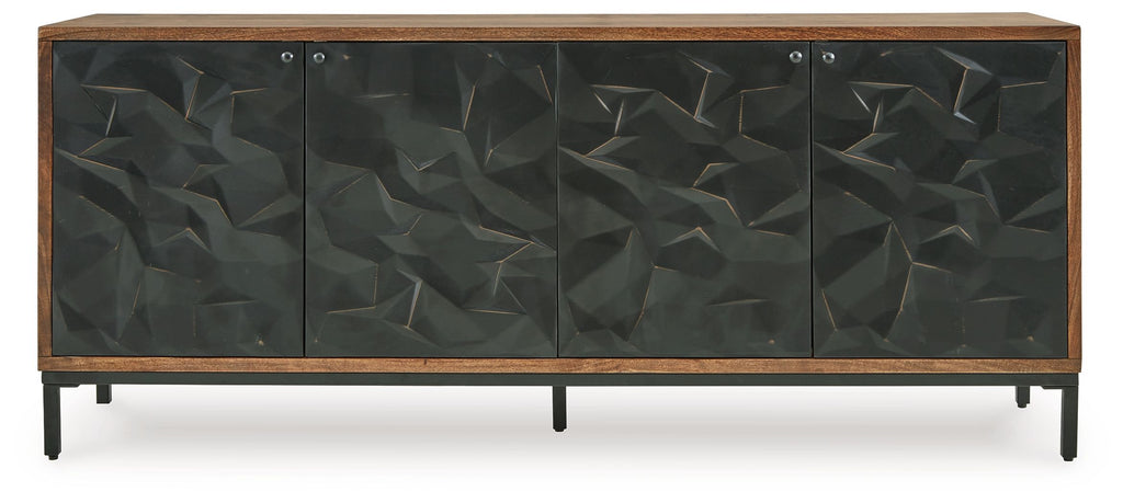 Wood and black accent cabinet with four geometric doors and slim metal handles