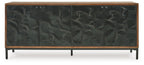 Wood and black accent cabinet with four geometric doors and slim metal handles
