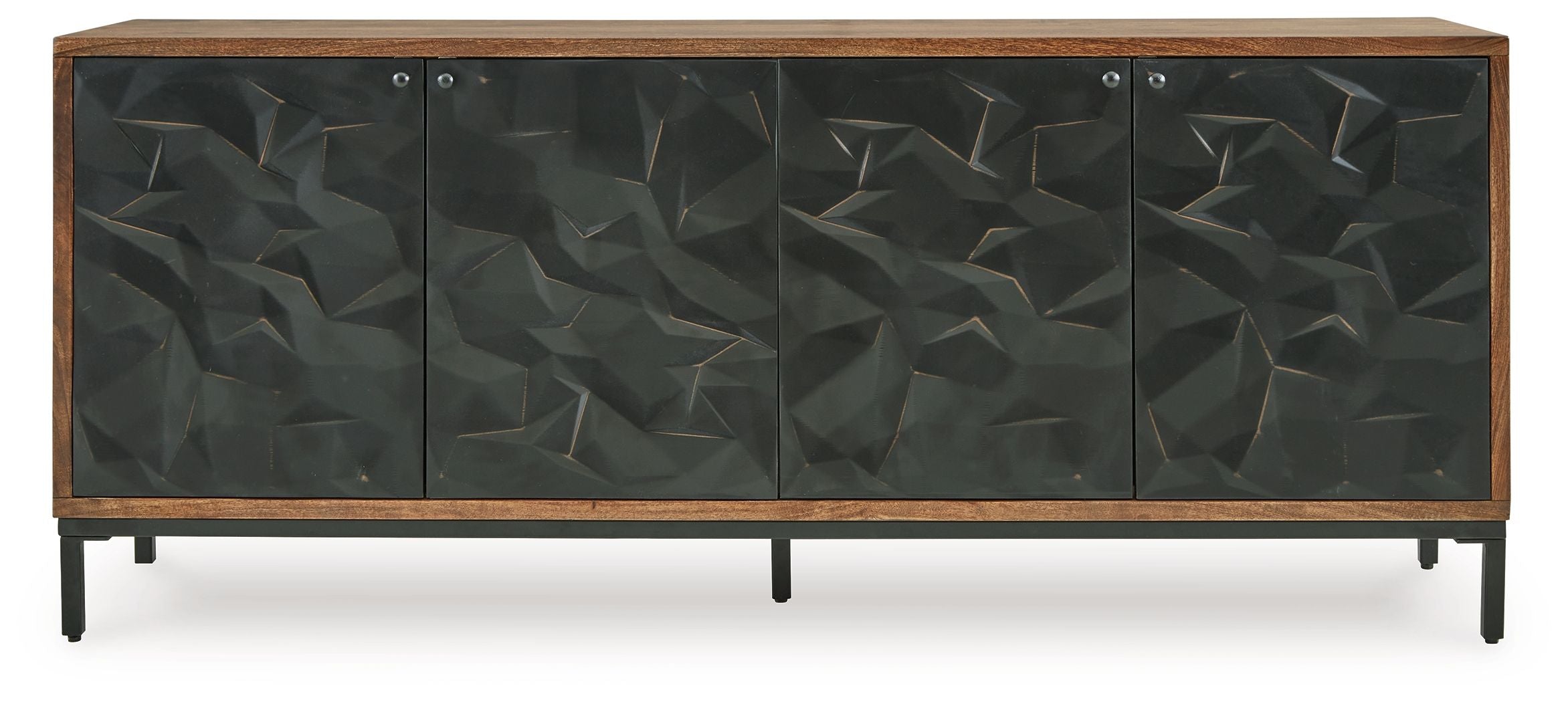 Wood and black accent cabinet with four geometric doors and slim metal handles