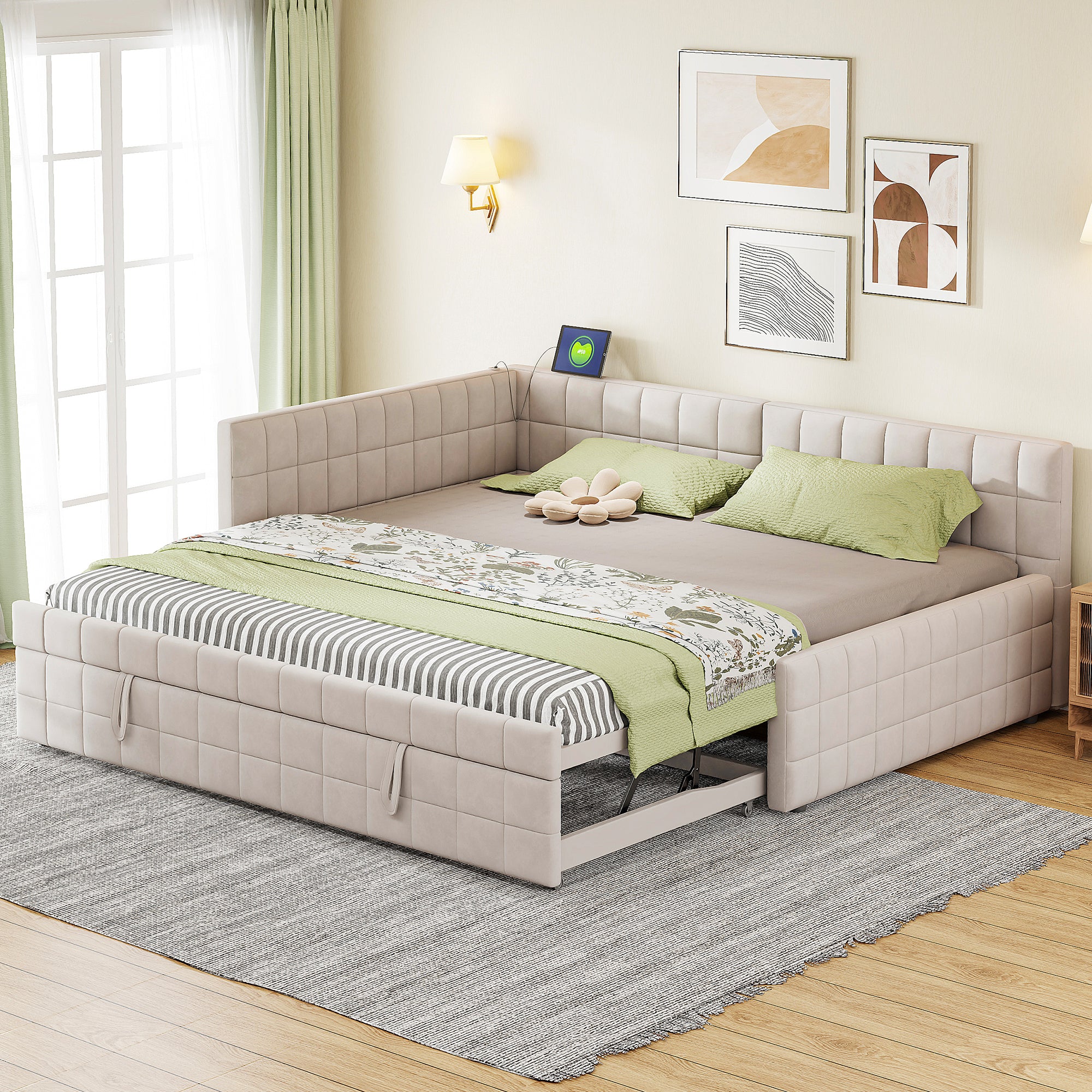 Full Size Upholstered L-Shape Daybed w/ Trundle, USB, Beige