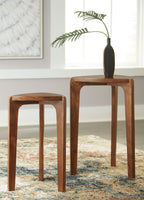 Two wooden accent tables, medium brown, round tops and tapered legs