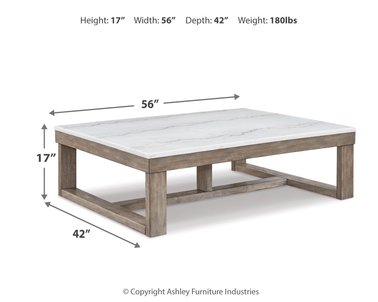 Rectangular cocktail table with light marble-look top, brown wood legs and lower shelf.