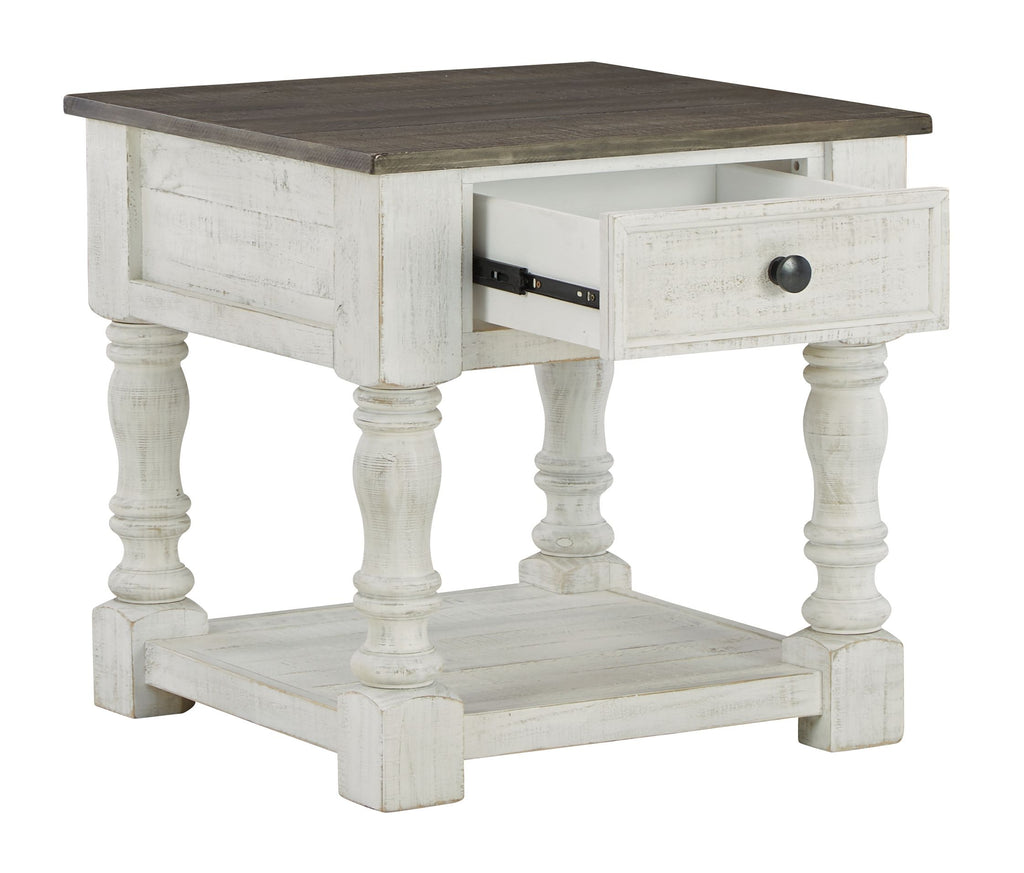 Square end table with open drawer and black slide, turned legs, dark gray top