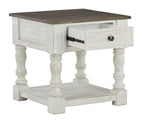 Square end table with open drawer and black slide, turned legs, dark gray top