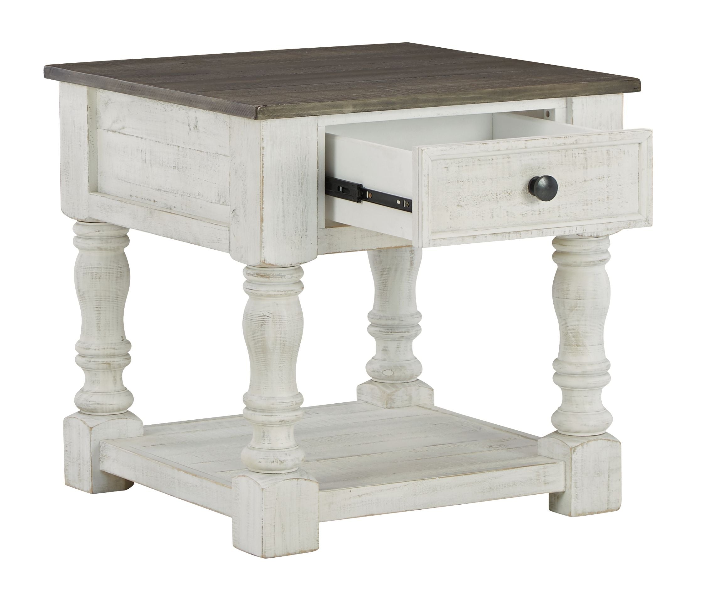 Square end table with open drawer and black slide, turned legs, dark gray top