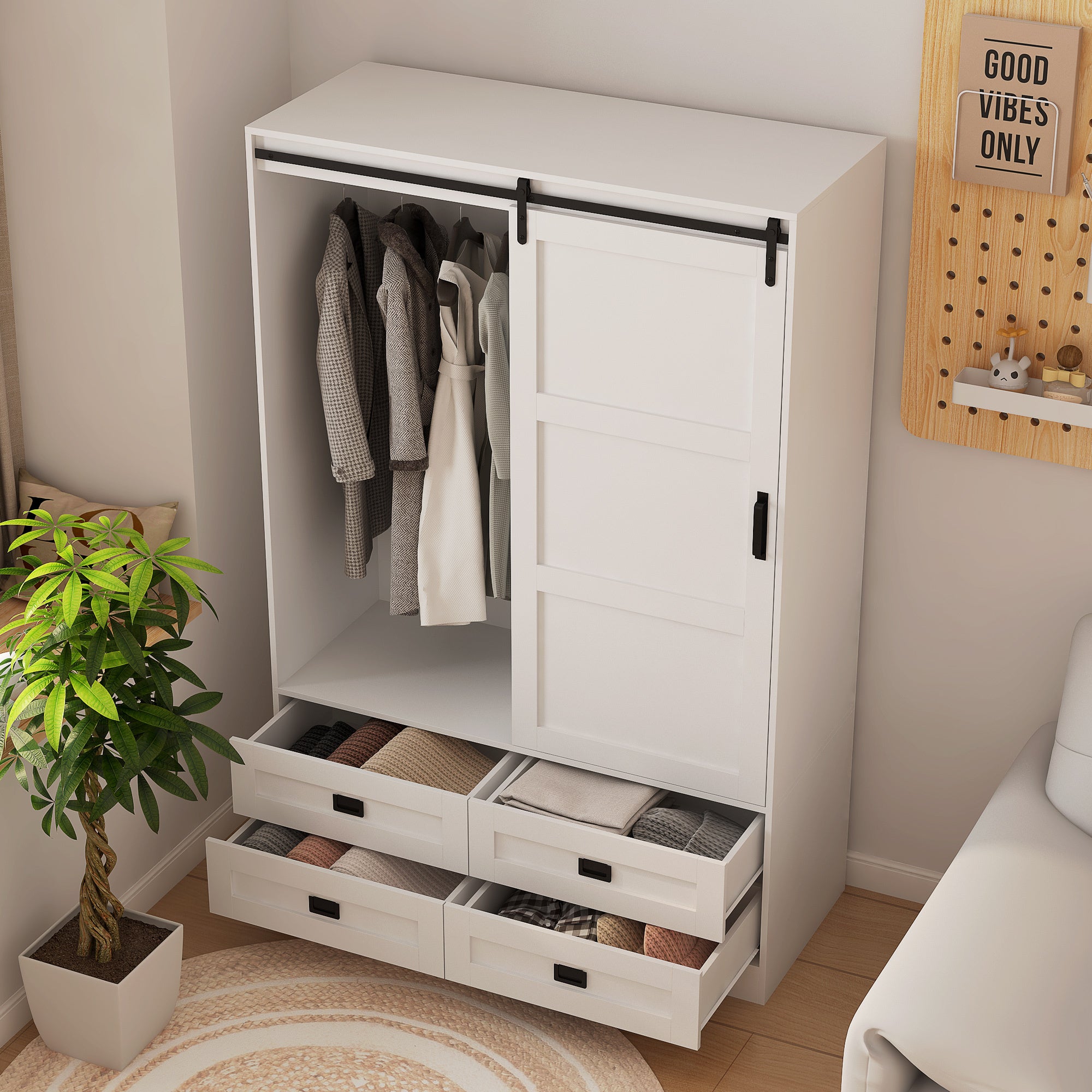 Rustic Armoire Wardrobe with Hanging Rod & Drawers