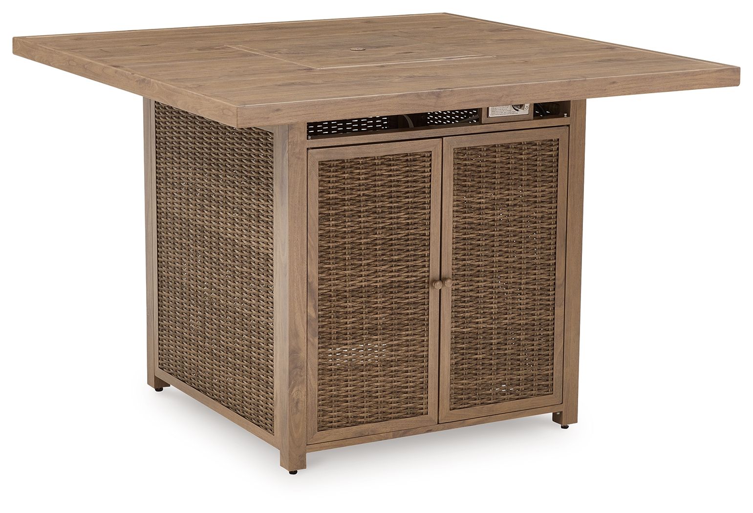 Square fire pit bar table with driftwood wood top and woven rattan cabinet doors