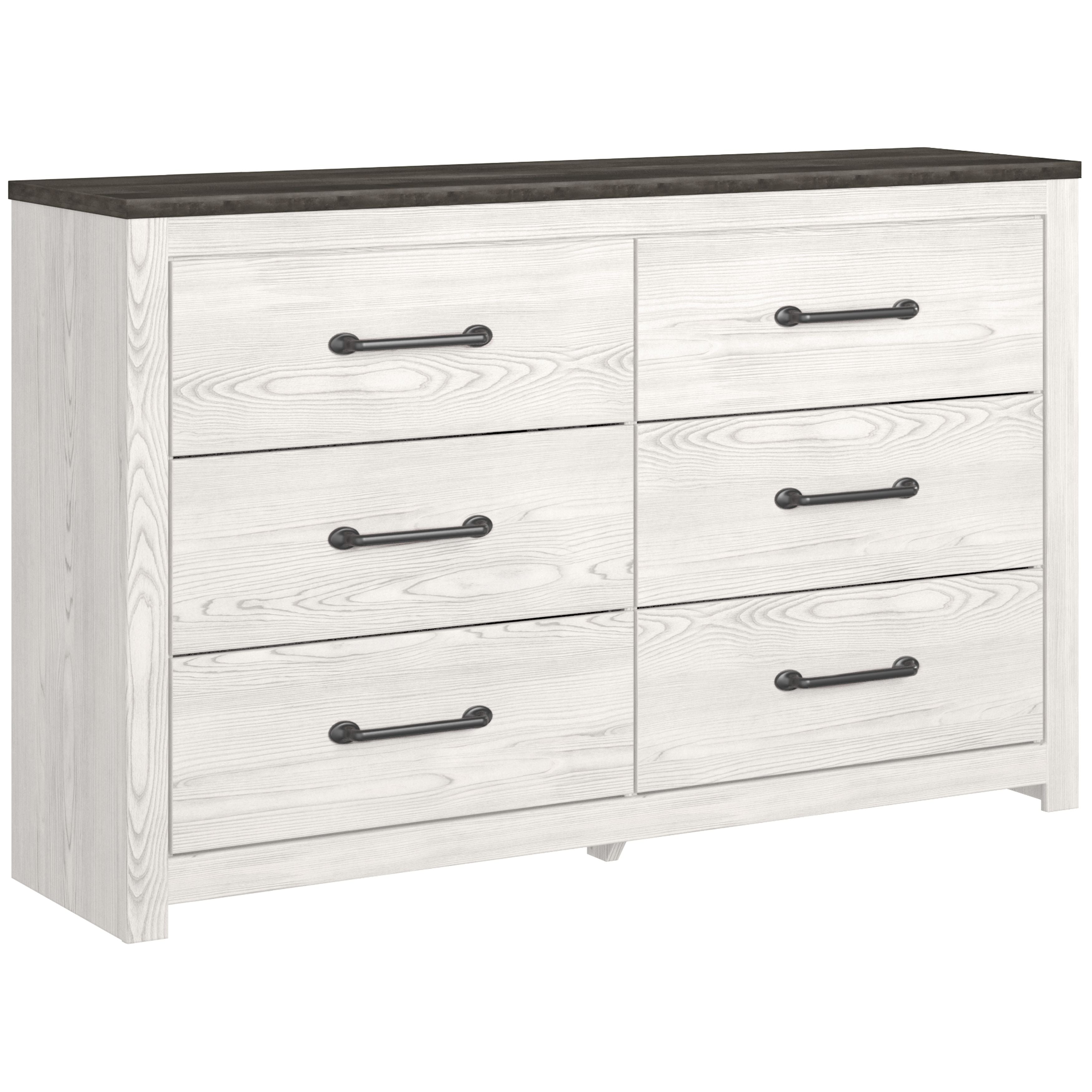 White panel dresser with dark metal bar handles and multiple drawers