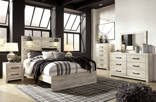 Bedroom furniture set with light wood bed frame, dresser with drawers, mirror, and chest