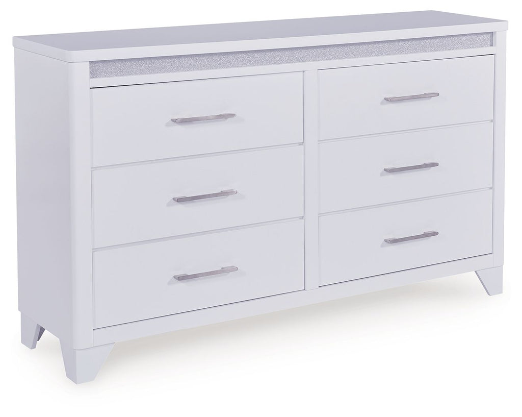 White dresser with gray textured top and four drawers, metal bar handles.