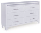 White dresser with gray textured top and four drawers, metal bar handles.