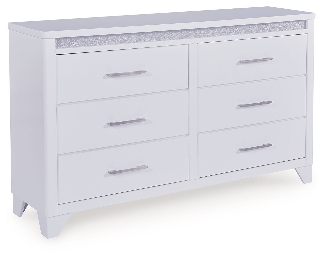 White dresser with gray textured top and four drawers, metal bar handles.