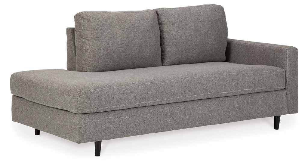 Graphite gray chaise sofa with two back cushions and low wooden legs