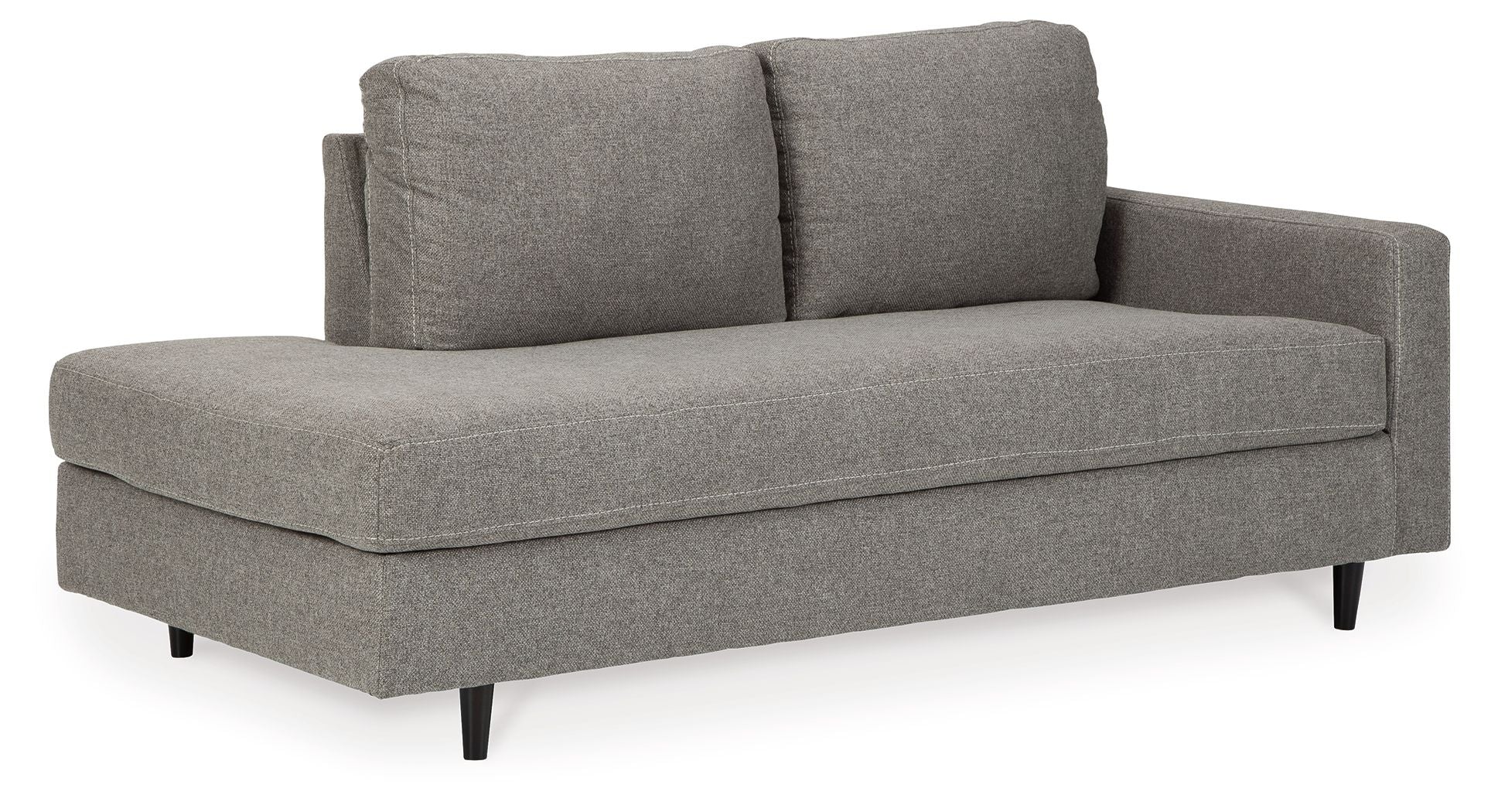 Graphite gray chaise sofa with two back cushions and low wooden legs