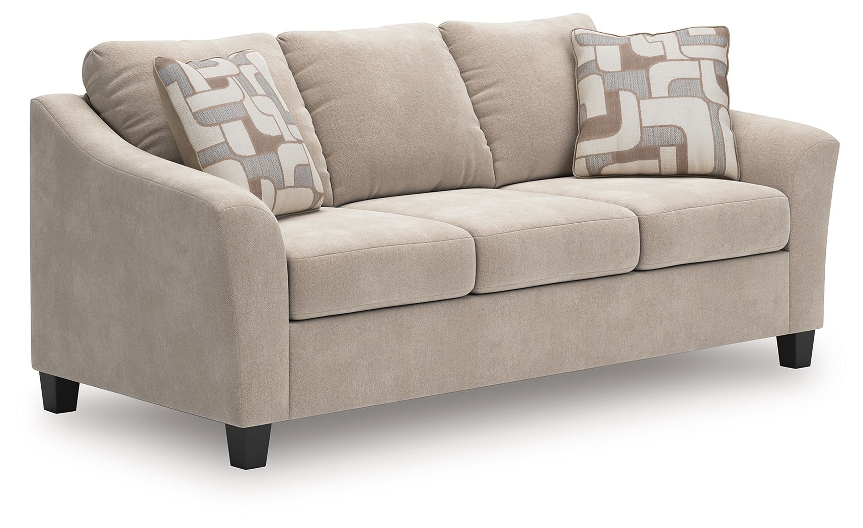 Taupe queen sofa sleeper with three seat cushions and patterned accent pillows