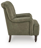 Olive green upholstered accent chair with tufted back, padded arms, and turned wooden legs
