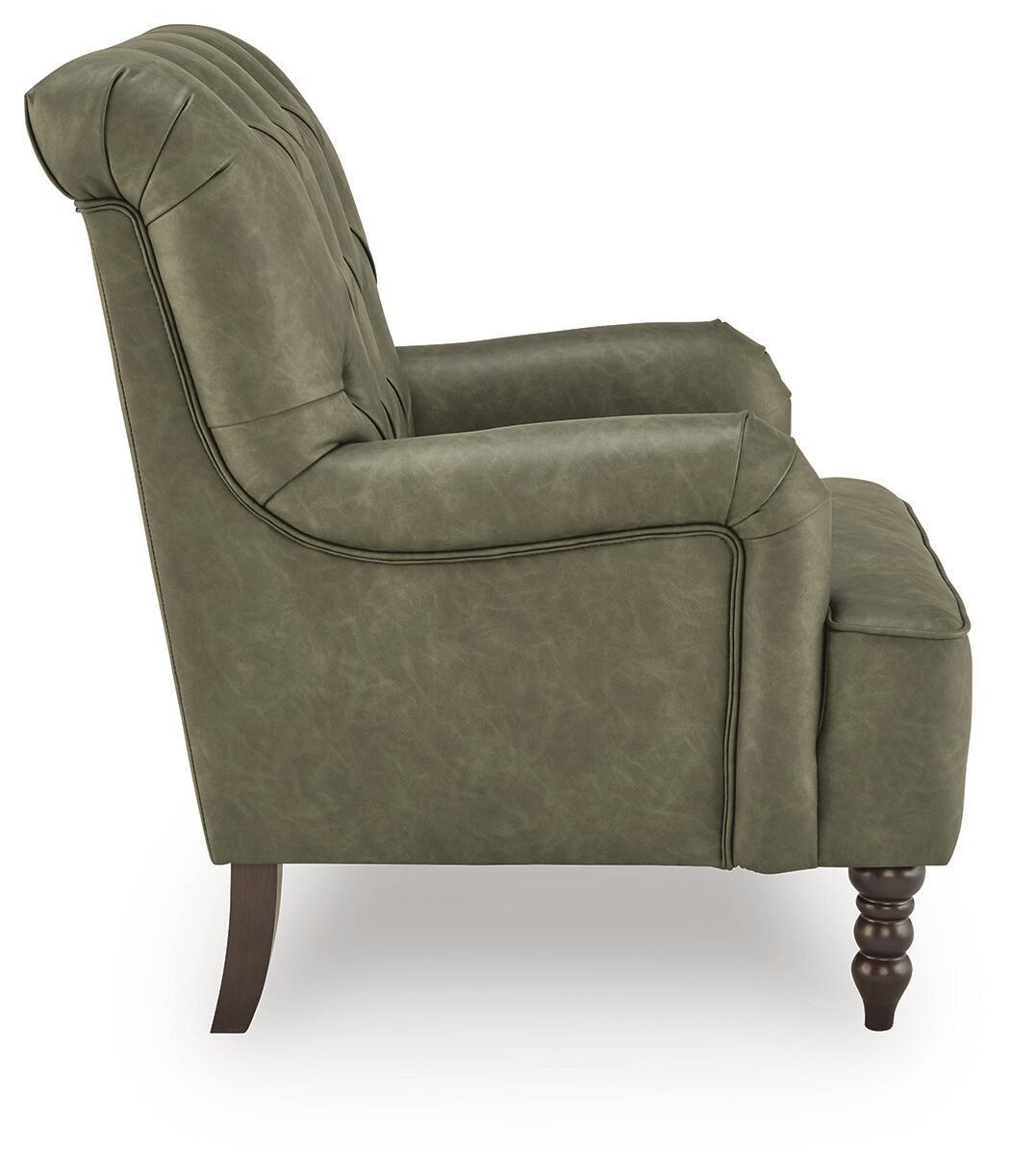Olive green upholstered accent chair with tufted back, padded arms, and turned wooden legs