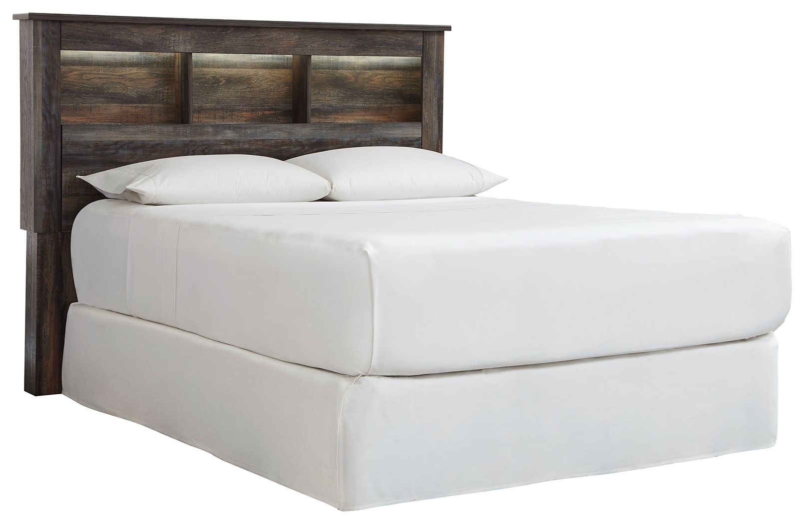 Bookcase headboard with white upholstered bed, two pillows, dark wood frame