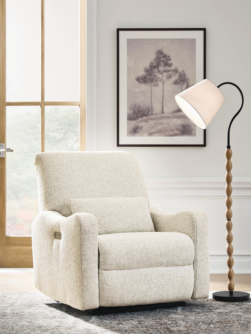 Power recliner chair, front three-quarter view, light beige fabric upholstery
