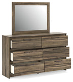 Dark brown dresser with framed mirror and six drawers, wood-grain finish