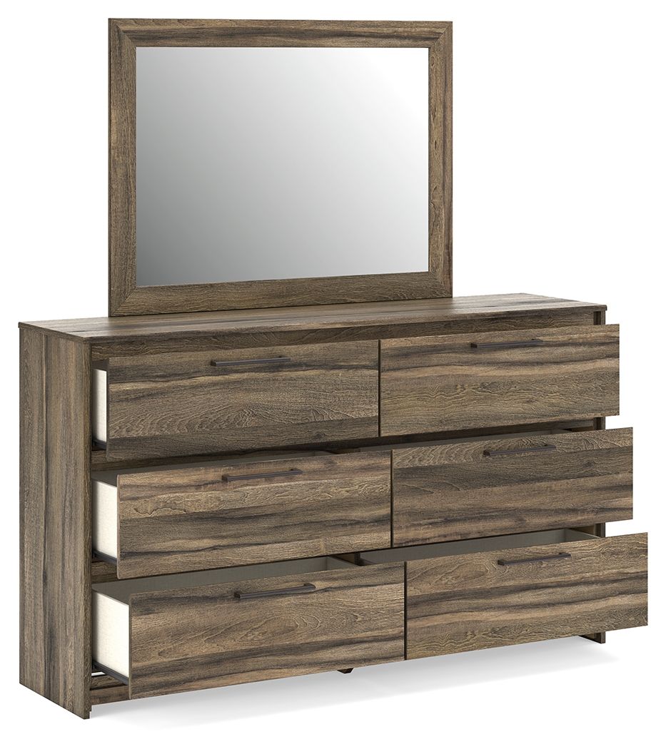 Dark brown dresser with framed mirror and six drawers, wood-grain finish