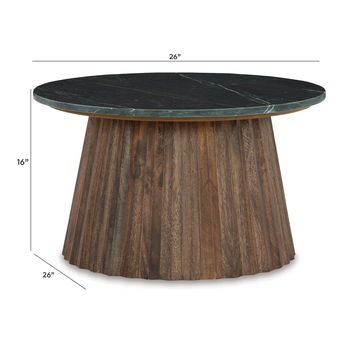 Round black stone-look cocktail table with brown wood pedestal base, 26 in top diameter.