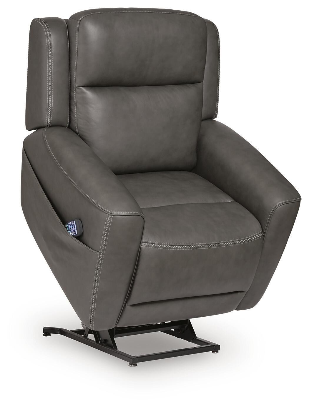 Dark gray power lift recliner, close view of cushioned seat, arms, and tall back