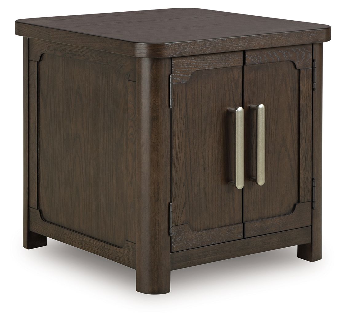 Dark brown 2-door rectangular end table with two panel doors and silver bar pulls