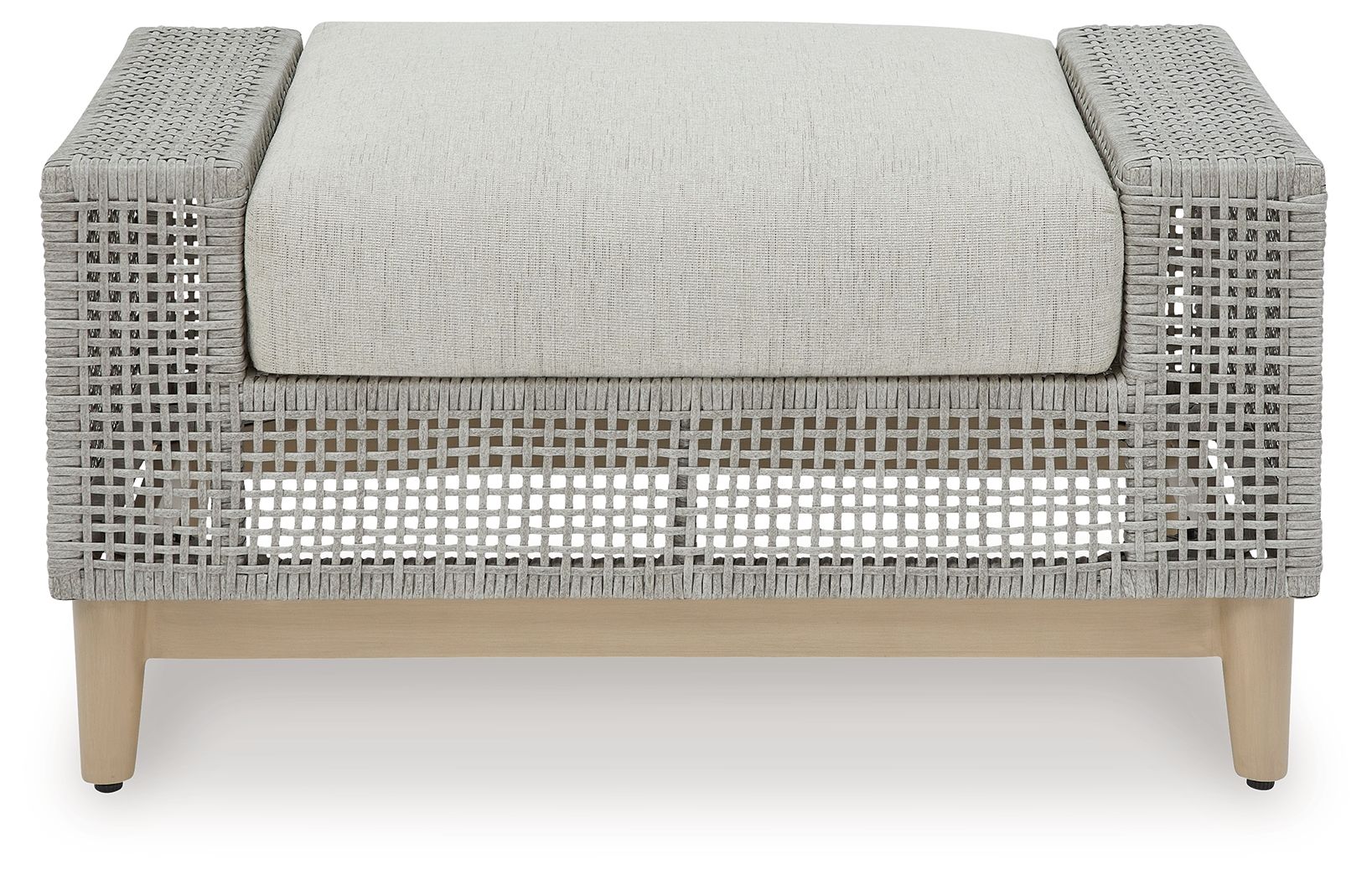 Gray ottoman with rounded armrests, woven texture, and centered upholstered cushion
