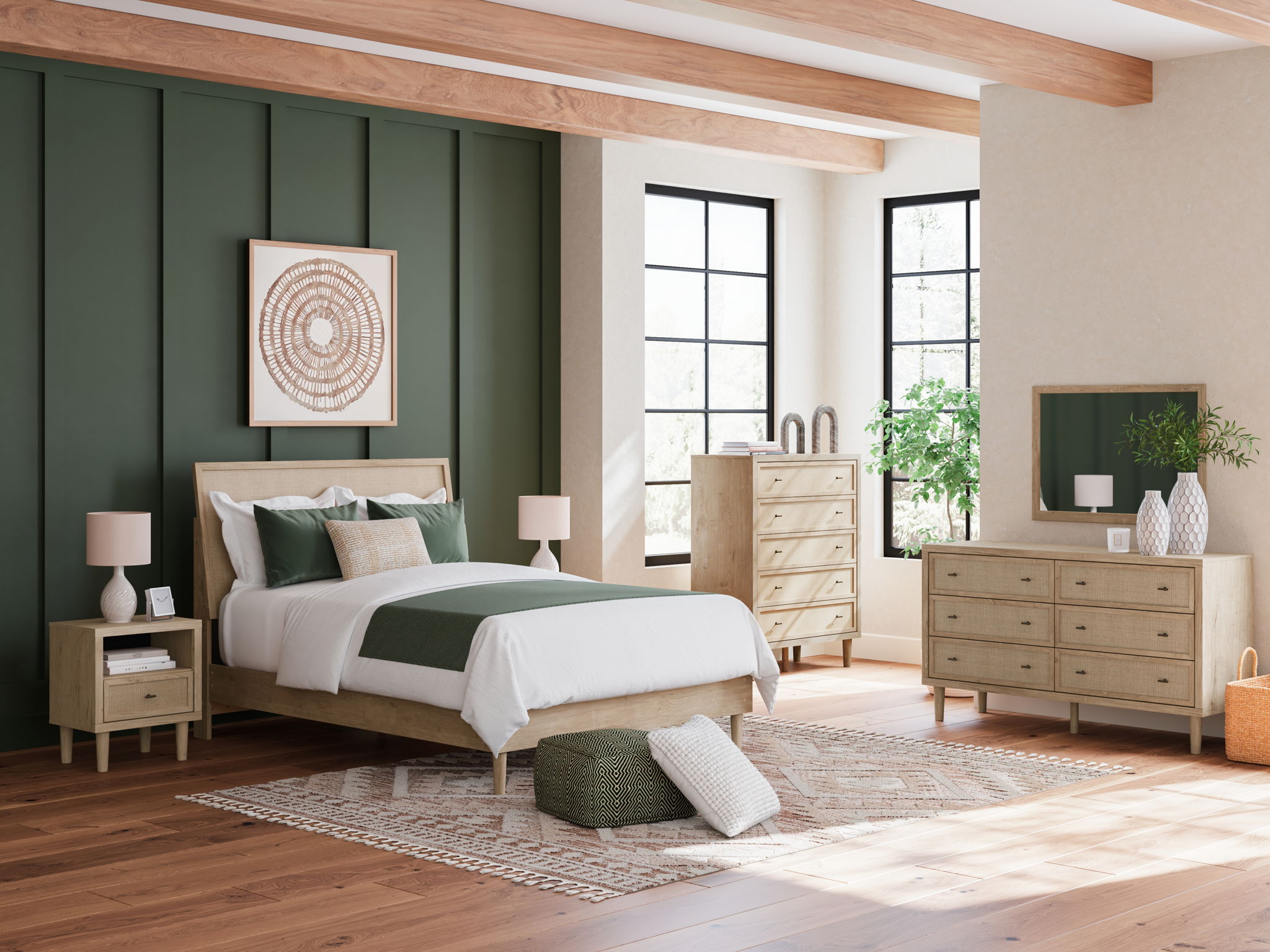 Beige panel bedroom set with bed, two nightstands, and drawer dresser