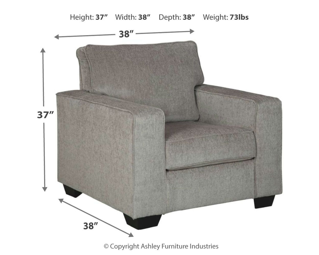 Taupe-gray fabric arm chair with tall back, padded arms, and upholstered seat