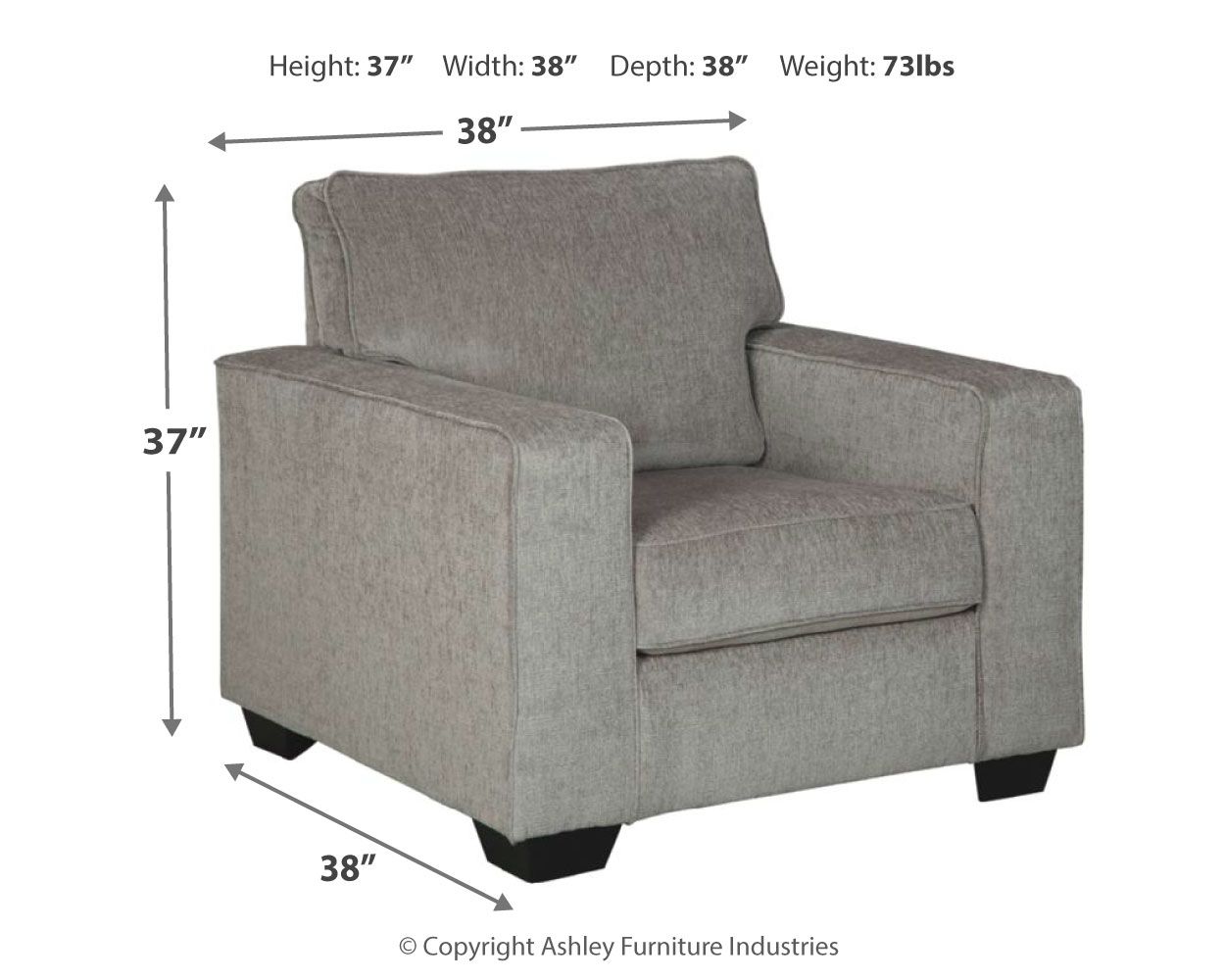 Taupe-gray fabric arm chair with tall back, padded arms, and upholstered seat