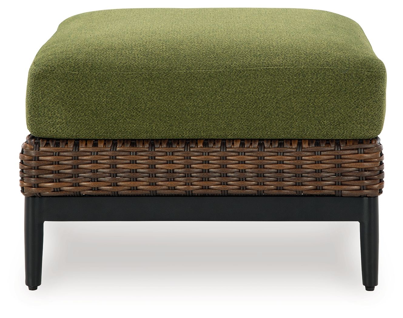 Brown wicker ottoman with green cushion, flat front view