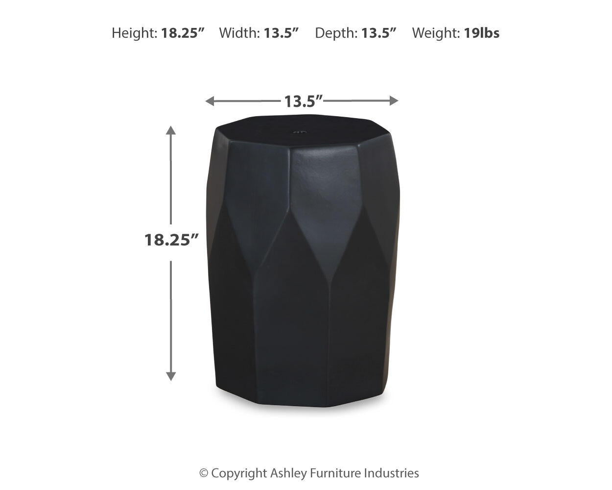 Black geometric stool, 18.25 in high; 13.5 in wide and deep.