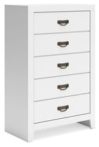 White five-drawer chest with five dark handles and flat drawer fronts