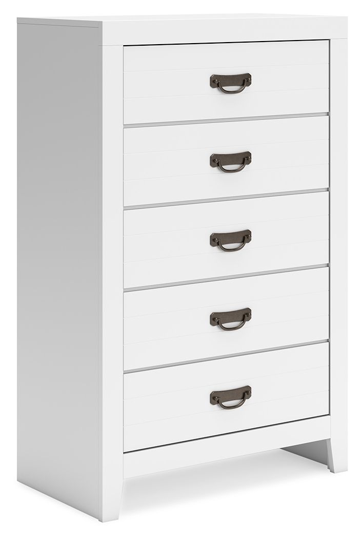 White five-drawer chest with five dark handles and flat drawer fronts