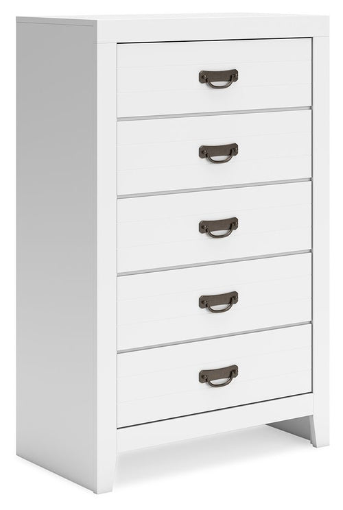 White five-drawer chest with five dark handles and flat drawer fronts